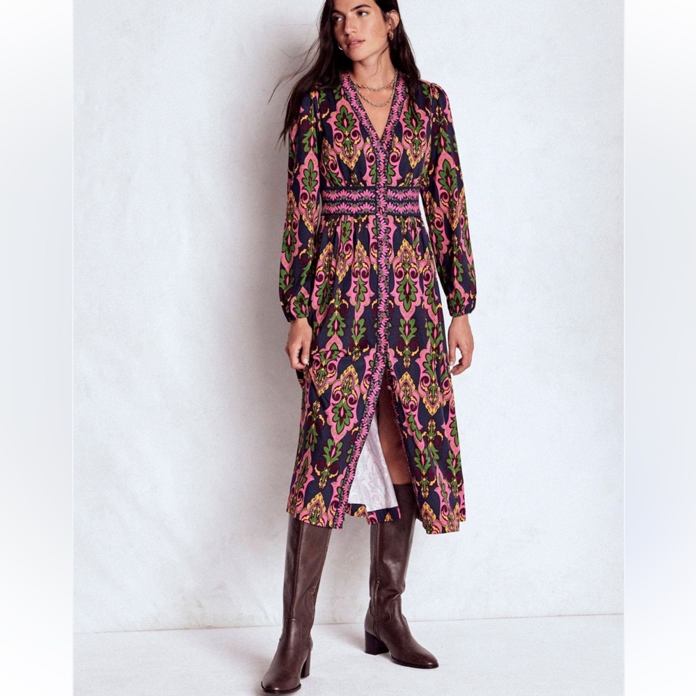 Boden Natalia Long Sleeve Tea Dress Midi French Navy Ornate Charm 10 Reg NWT NEW - Picture 6 of 13
